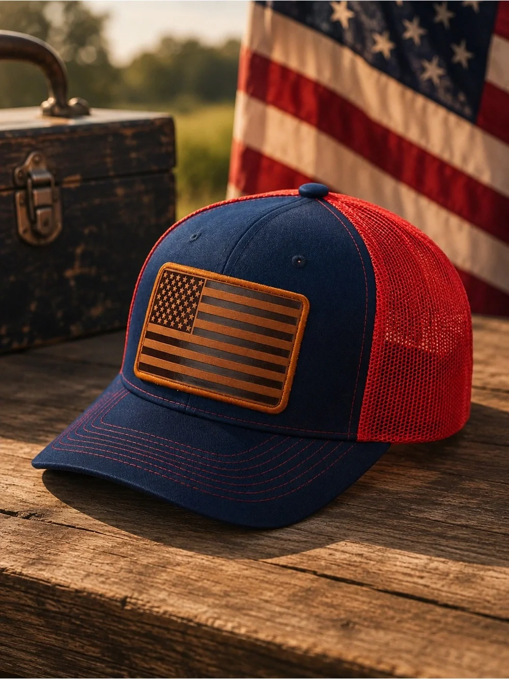 Navy / Red American Flag Leather Patch Trucker Hat – Breathable Mesh Back Cap
